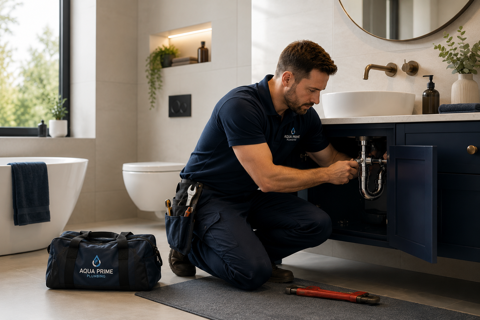 Aqua Prime plumber repairing bathroom pipework