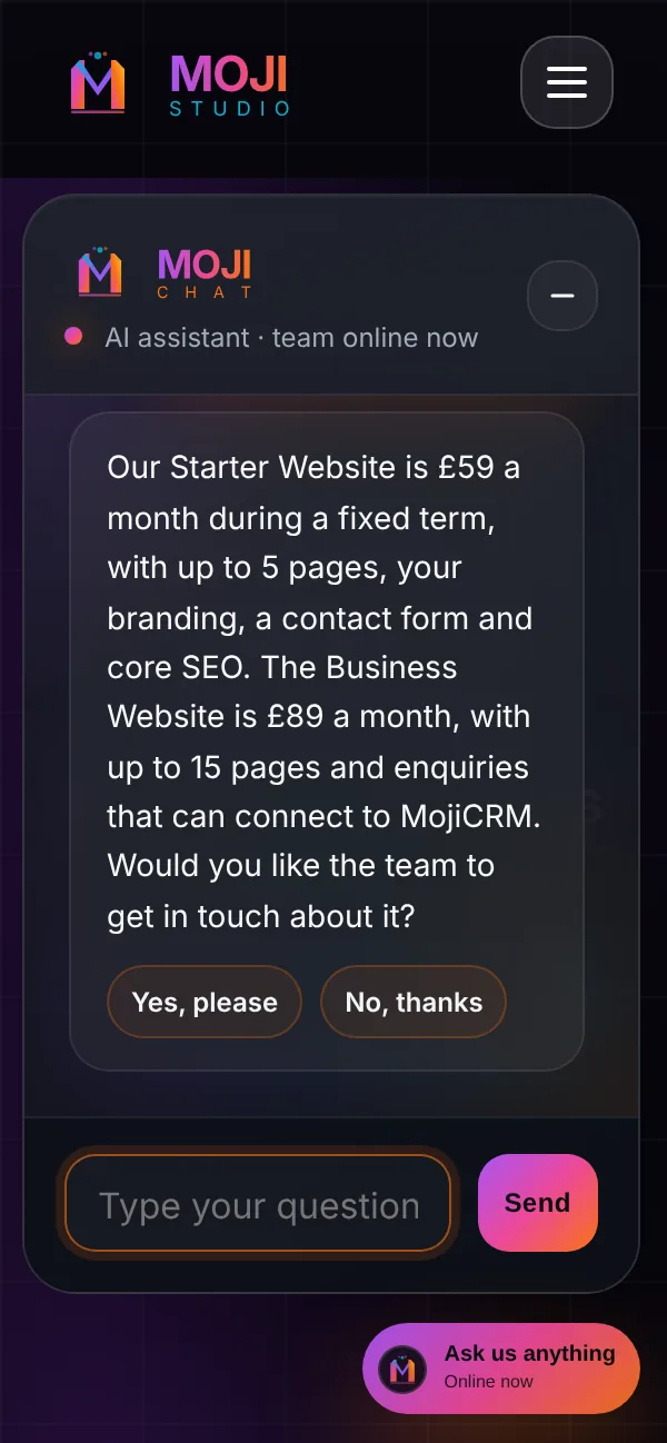 MojiChat answering with the Starter and Business website prices and offering to have the team get in touch