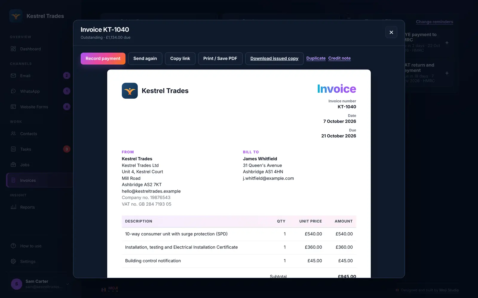 A branded invoice open in MojiCRM with Record payment, Send again and Print buttons, shown with sample data